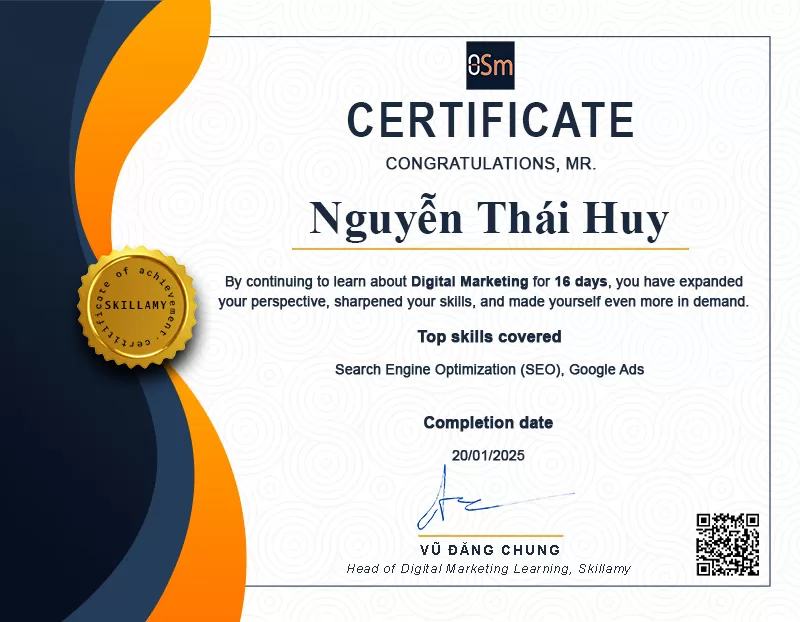 Mẫu chứng nhận hoàn thành khóa học của Skillamy