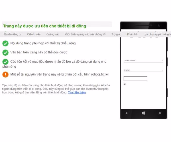 Bing Mobile Friendliness - Công cụ kiểm tra tính tương thích của website trên thiết bị di động