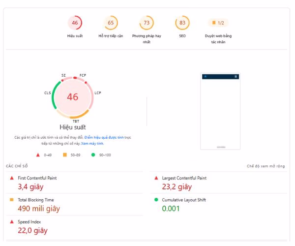 Đánh giá trên PageSpeed Insights